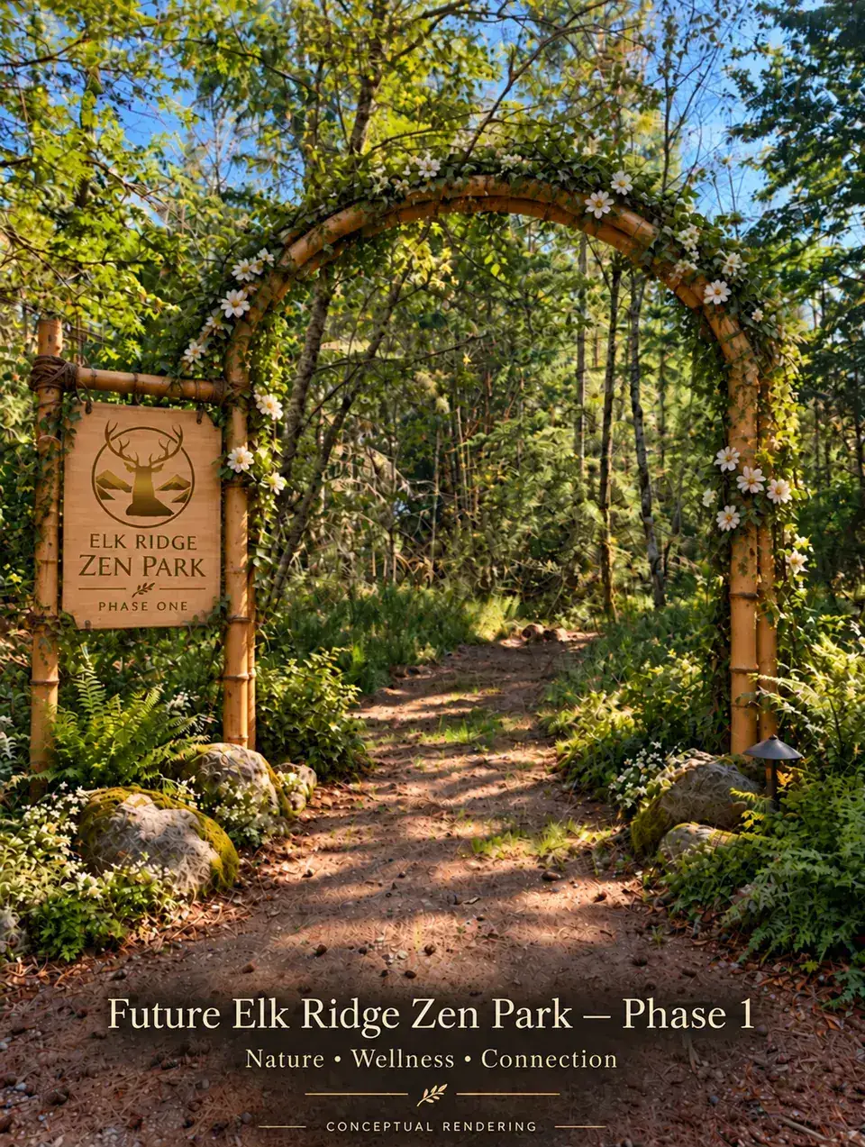 Conceptual rendering of the future Elk Ridge Zen Park entrance in Phase 1: a flowering wooden arch over a forest path, with an Elk Ridge Zen Park sign