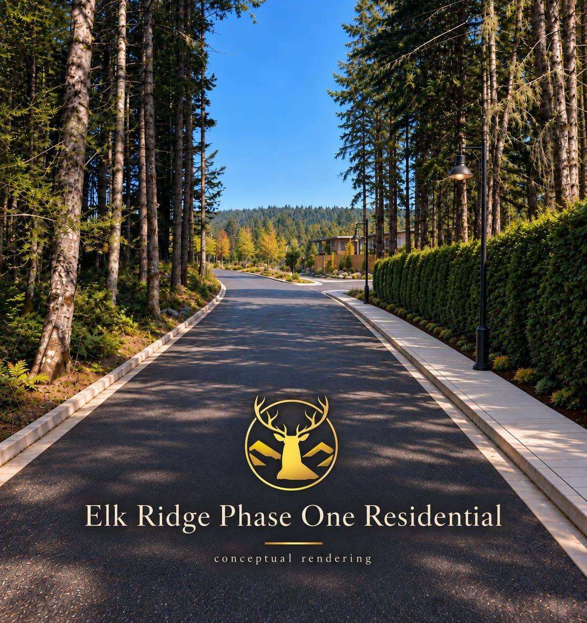 Conceptual rendering of the Elk Ridge Phase 1 entrance road: a tree-lined lane with a sidewalk, street lamps and the Elk Ridge crest, leading to the first homes