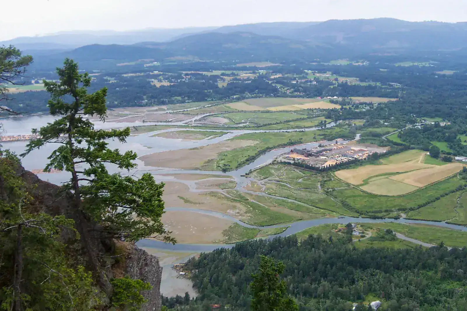 The Cowichan Valley seen from above, with farmland, river and forested hills