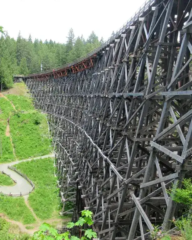 The historic wooden Kinsol Trestle on the Cowichan Valley Trail, surrounded by forest